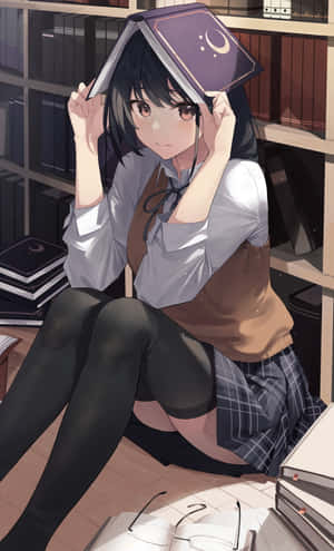 穿著校服的動漫女孩在圖書館裡把一本月亮主題的書舉在頭頂。 — 可愛動漫女孩 壁紙