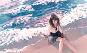 穿著校服的動漫女孩坐在沙灘上，看著海浪 — 海灘 壁紙