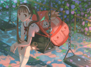 穿著校服的動漫女孩坐在有花卉背景的鞦韆上。 — 春野櫻 壁紙
