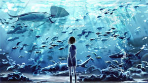 一個穿著校服的女孩凝視著大水族箱中的鯊魚和魚類。 — 水族箱 壁紙