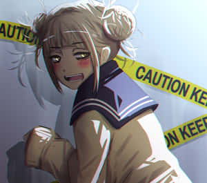 穿著校服的動漫女孩，以堅定的表情擊穿黃色警告膠帶。 — 我的英雄學院 壁紙