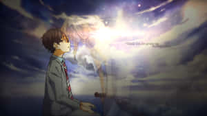 穿校服的男孩仰望在暴風雨天空中漂浮的發光女孩 — 四月是你的謊言 壁紙