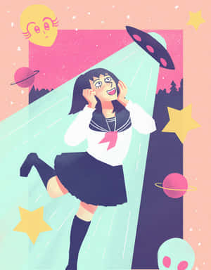 穿著校服的動漫女孩在UFO光束中跳舞，周圍環繞著星星和行星。 — 黑川伊佐那 壁紙