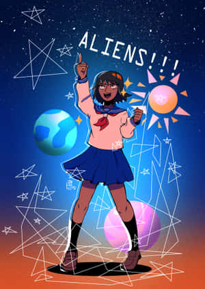穿著校服的動畫女孩在色彩繽紛的宇宙場景中指著星星和行星。 — iPhone Duo 壁紙