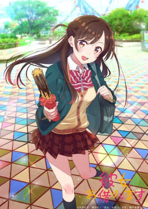 穿著校服的動漫女孩在彩色瓷磚地上奔跑。 — 千鳥 壁紙