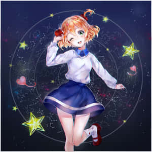 穿著校服的動漫女孩在閃爍的星星和星座之間跳舞。 — 1:1 壁紙