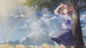 穿著校服的動漫女孩在樹下，有彩虹和雲朵 — 粉彩彩虹 壁紙