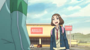 陽光明媚的日子裡，穿著校服的動漫女孩在商店外感到驚訝。 — FLCL 壁紙