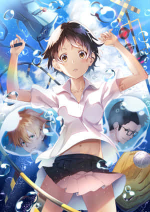 穿著校服的動漫女孩被帶有同學臉孔的泡泡包圍。 — Realme Pad 壁紙