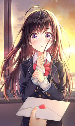 動畫女孩穿著校服在日落窗前拿著帶有心形封條的信 — Tecno Megapad 壁紙