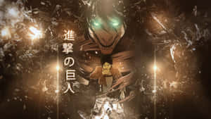 動漫角色在破碎的環境中，面對著發光的巨人。 — 進擊的巨人 4K 壁紙