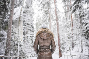 穿著棕色羽絨外套的人走過白雪覆蓋的松樹林 — 冬季風景 壁紙
