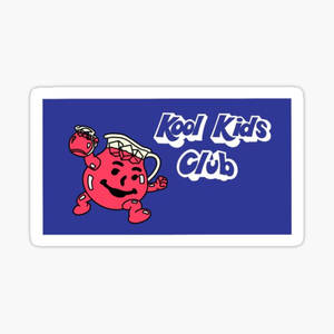 紅色Kool Aid吉祥物在藍色背景上跳舞，帶有「Kool Kids Club」文字。