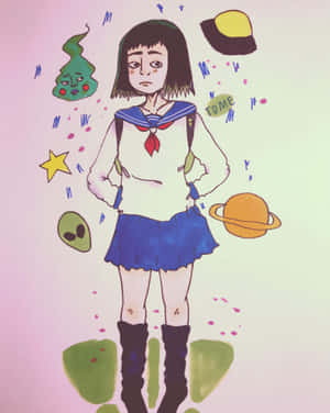 穿著水手服的動漫女孩，被漂浮的外星行星和星星包圍。 — 克洛伊·卡戴珊 壁紙