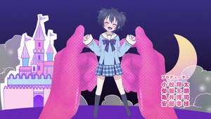 動漫女孩穿水手服在巨型粉紅色手之間，新月之下。 — 快樂糖糖生活 壁紙