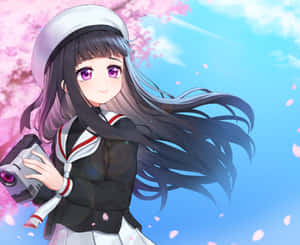 穿著水手服的動畫女孩在櫻花下拿著相機。 — 庫洛魔法使 壁紙