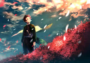 穿著深色制服的動漫男孩，站在發光的紅色花朵中，背景是日落天空，花瓣飄落。 — 鬼殺隊 善逸 壁紙