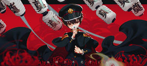 動畫男孩穿制服手持發光球體，漂浮燈籠中，紅色背景 — 白色百合花 壁紙