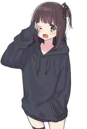 穿著深色連帽衫的動畫女孩，手靠近臉眨眼。 — 花子君 壁紙
