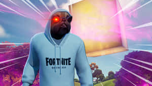 Fortnite 巴哥穿著連帽衫，發光的眼睛靠近漂浮的立方體，在色彩繽紛的景觀中 — 巴黎世家 壁紙