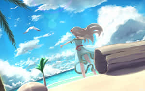 藍裙動漫女孩在陽光海灘上與海鷗和棕櫚樹 — 薩爾達傳說 壁紙