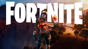 穿著火焰盔甲的Fortnite角色在日落時手持發光球體。 — 忍者 要塞英雄 壁紙