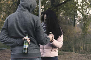 兩個人在公園裡擁抱，一個人拿著啤酒瓶，另一個人緊握著一朵小白花 — 悲傷的愛情 壁紙
