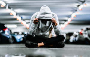 一個穿著灰色連帽衫的人坐在停車場地板上，雙手抱頭。