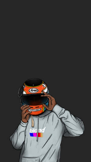 穿著灰色連帽衫的人在黑暗背景下舉起橙色賽車頭盔。 — Frank Ocean 動圖 壁紙