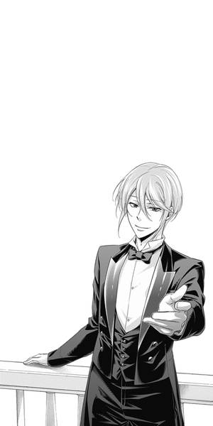 動漫男人穿著燕尾服靠著欄杆，自信微笑。 — 日本動漫 壁紙
