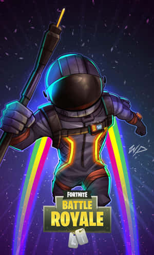 Fortnite太空人穿著發光套裝並手持武器，在太空中有彩虹軌跡。 — Tecno Megapad 壁紙