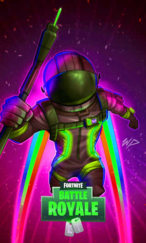 Fortnite Battle Royale角色穿著霓虹套裝，在宇宙場景中手持火箭發射器跳躍。 — 酷炫的《要塞英雄》 壁紙