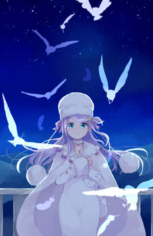 動漫女孩穿著冬季外套站在星空下，發光的鳥兒在她周圍飛翔。 — 佐助 須佐能乎 壁紙