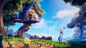 Fortnite角色手持鏟子，靠近樹屋和發光手推車，在陽光明媚的田野中。 — 創意 壁紙