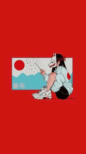 戴著狐狸面具的女孩在靠近新年圖形處拿著煙火棒。 — 動漫 壁紙