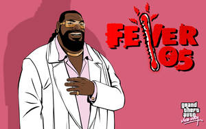 穿著白袍的卡通男人微笑，帶有 'FEVER 05' 和溫度計圖案在粉紅色背景上。 — 電玩遊戲 GIF 壁紙