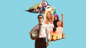 一個男人拿著一個標有「Super Jar」的罐子，身後是卡通風格角色和場景的拼貼畫。 — 喬伊·金 壁紙