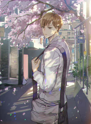 動漫男孩站在城市街道的櫻花樹下，花瓣飄落。 — 鹿丸 壁紙