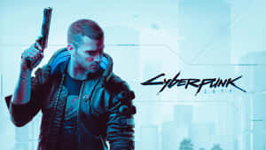Cyberpunk 2077 主角在霓虹城市景觀中手持手槍。 — 電馭叛客2077 壁紙
