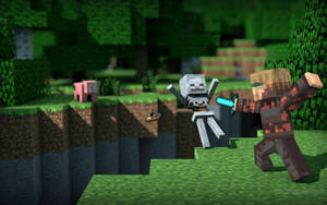 Minecraft玩家在像素森林中與骷髏戰鬥，背景有一隻豬。