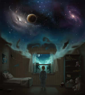 穿著睡衣的孩子凝視窗外，宇宙天空中有星系和行星在上方旋轉。 — 榮耀Magic V Flip 2 壁紙