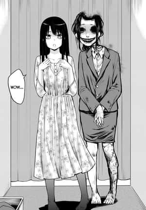 走廊裡一個害怕的女孩旁邊有一個令人毛骨悚然的微笑怪物。 — 日本動漫 壁紙