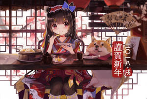動漫女孩和柴犬在櫻花季節的日本茶館分享餃子。 — 動漫狗 壁紙