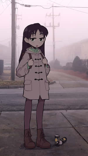 動漫女孩穿外套站在霧濛濛的人行道上，鞋子在旁邊。 — 女主角 壁紙