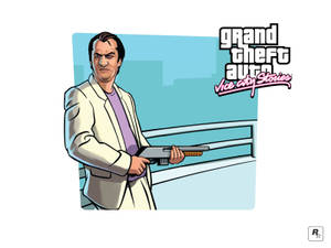 在GTA Vice City Stories遊戲藝術中，穿著米色西裝的男子手持獵槍。 — 電玩遊戲 GIF 壁紙