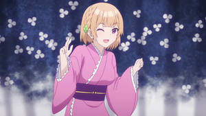 穿著粉紅色和服的動漫女孩在晚上眨眼並做出和平手勢。 — 花子君 壁紙