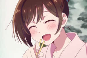 穿著粉紅色和服的動漫女孩用筷子吃飯時大笑。 — 千鳥 壁紙