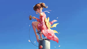 動畫女孩穿粉紅和服持木槌在煙囪上，背景藍天 — 混沌武士 壁紙