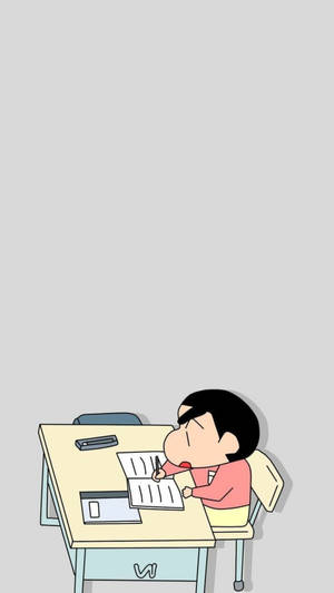 卡通男孩在桌子上用筆寫字時睡著了 — 蠟筆小新 壁紙