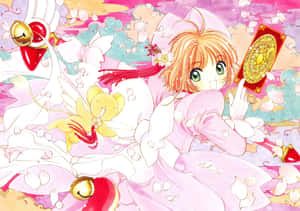 動漫女孩穿粉紅裙，與精靈和魔法卡在櫻花中。 — 庫洛魔法使 壁紙